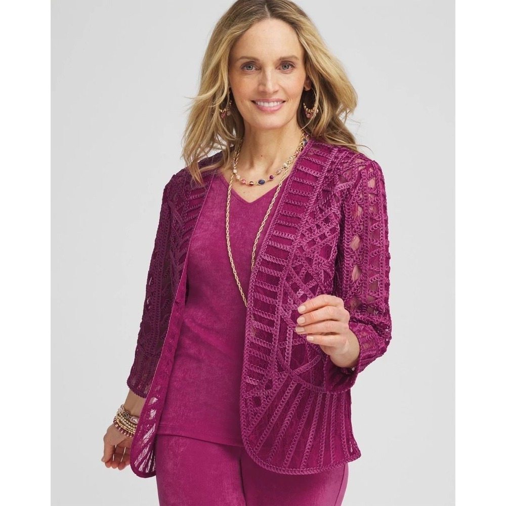 Chicos Travelers Embroidered Jacket 4 Lace Cutwork Professional Sophisticated‎